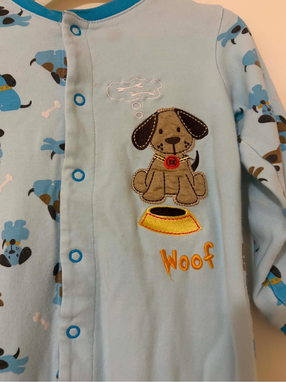 5/$30🍒Baby Blue 'Woof' Puppy One-Piece Footies